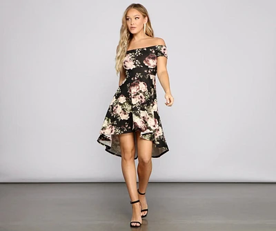 Va-Va-Bloom Off Shoulder Floral High Low Dress