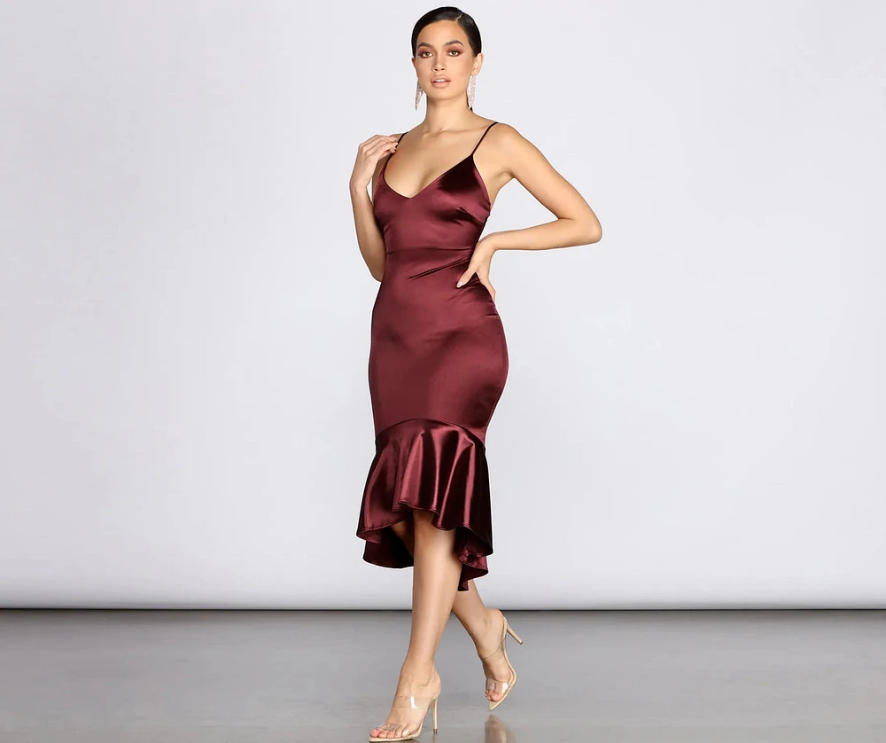 Trumpet Hem Satin Midi Dress