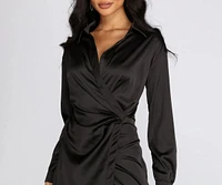 Sleek Satin Wrap Shirt Dress