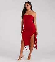 Flirtatious Aura Ruffled High Slit Midi Dress