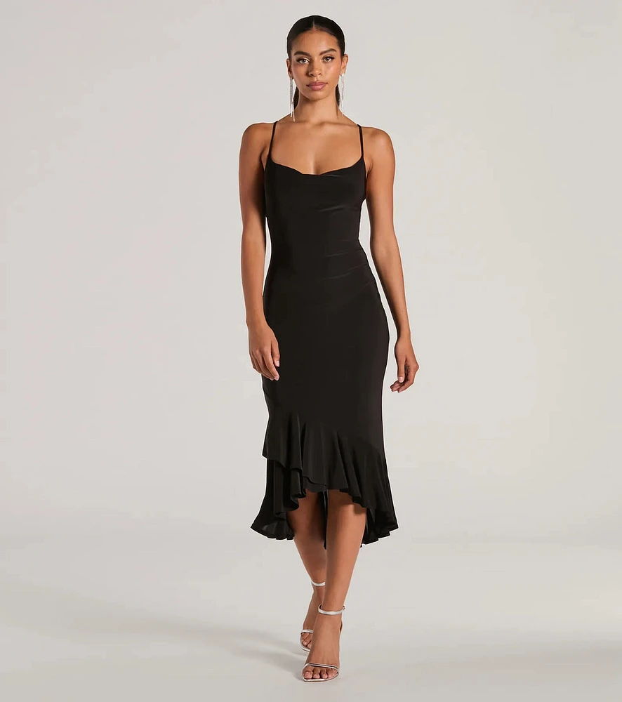 Secret Weapon Cowl Neck Bodycon Ruffle Midi Dress