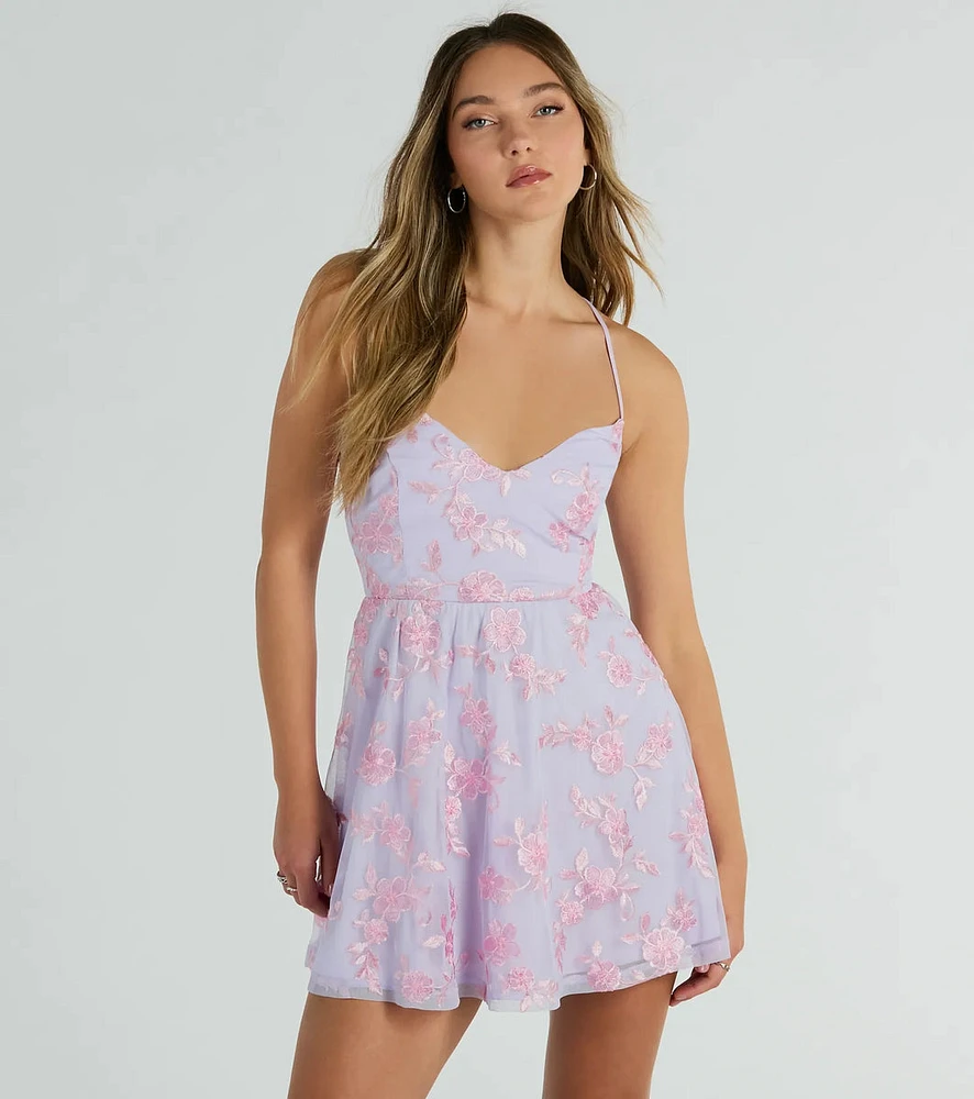 Floral Retreat Lace Up Embroidered Skater Dress