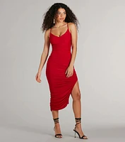 Sultry Status High Slit Ruched Bodycon Midi Dress