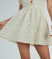 Flirty Aura Puff Sleeve Floral Lace Skater Dress