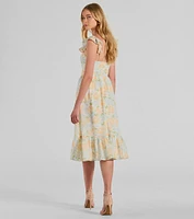 Delightfully Chic Ruffled Floral Chiffon Midi Dress