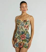 Chic Charm Floral Tapestry Corset Mini Dress