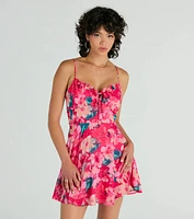 Tropical Blooms Floral Ruffle Chiffon Skater Dress