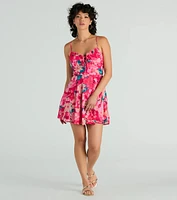 Tropical Blooms Floral Ruffle Chiffon Skater Dress