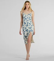 Botanical Beauty Lace Trim Floral Satin Midi Dress