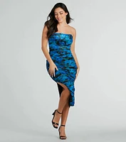 Bold Bloom Strapless Ruched Floral Mesh Midi Dress