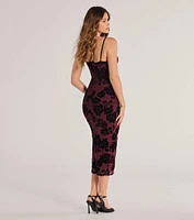 Bold Romance Sleeveless Flocked Velvet Corset Midi Dress