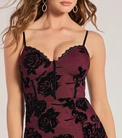 Bold Romance Sleeveless Flocked Velvet Corset Midi Dress