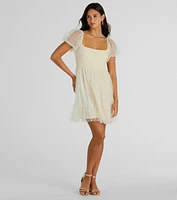 Raise A Toast Puff Sleeve Faux Pearl Babydoll Dress