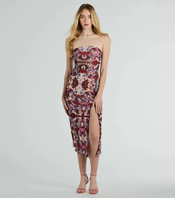 Chic Illusion Strapless Artsy Printed Midi Dress