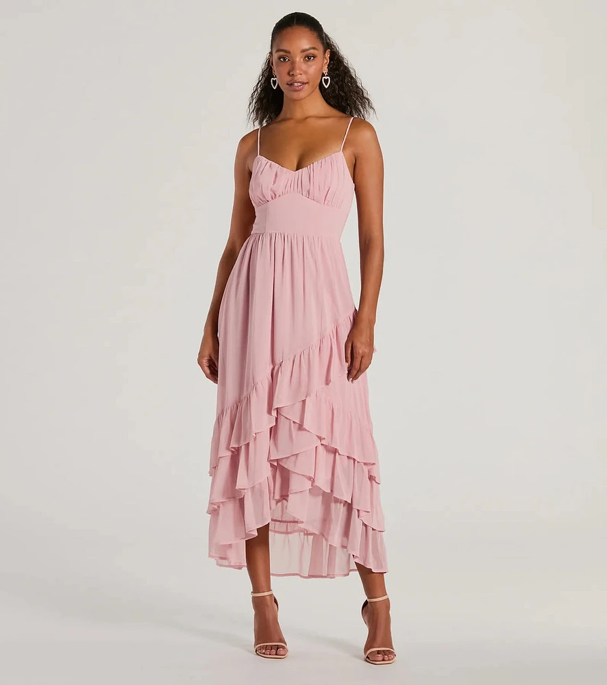 Cause For Celebration V-Neck Ruffle Chiffon Midi Dress