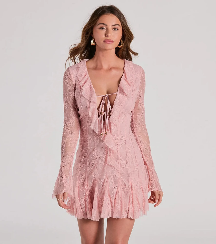 Dreamy Mix Long Sleeve Ruffle Lace A-Line Dress