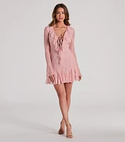 Dreamy Mix Long Sleeve Ruffle Lace A-Line Dress