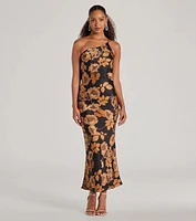 Sensational Sultry One-Shoulder Floral Satin Maxi Dress