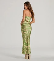 Fierce Stripes Strapless Zebra Print Satin Maxi Dress