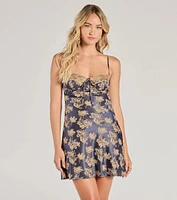 Tied To You Lace Trim A-Line Floral Satin Dress