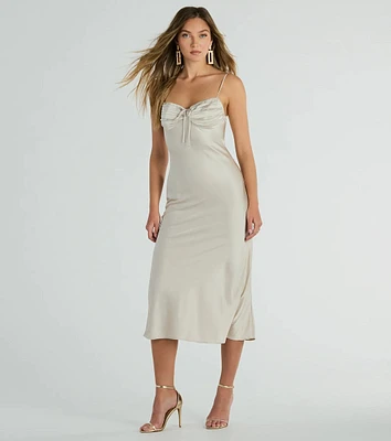 Perfectly Poised Pleated Open Back Satin Midi Dress