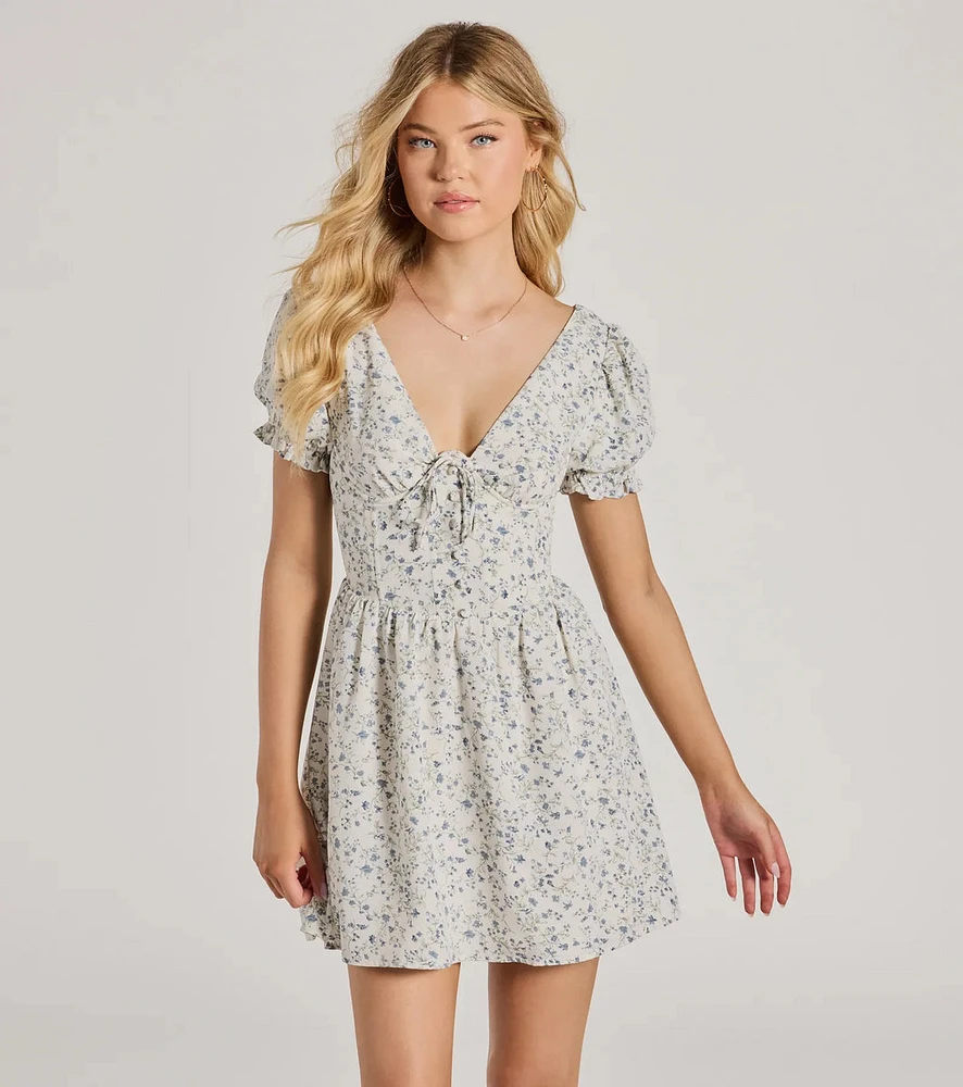 Darling Babe Floral Woven Puff Sleeve Skater Dress