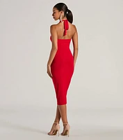 Evening Of Sultry Plunge V-Neck Halter Midi Dress