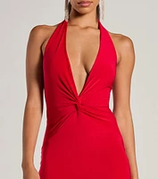 Evening Of Sultry Plunge V-Neck Halter Midi Dress