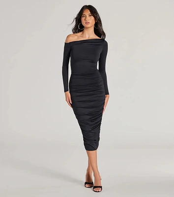 Dinner Date Off-The-Shoulder Long Sleeve Midi Dress