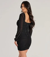 Alluring Shine Rhinestone Mesh Long Sleeve Mini Dress