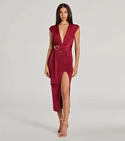 Chic Example V-Neck Belted Slit Midi Dress