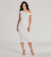 Easily Sultry Off-Shoulder Ruched Midi Dress