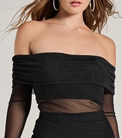 Alluring Style Sheer Mesh Off-The-Shoulder Midi Dress