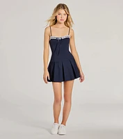 Smooth Talker Lace Bow Pleated Ponte Mini Dress