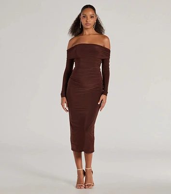 Casual Affair Long Sleeve Ruched Midi Dress