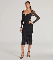 Elegant Ruched And Ruffled Mesh Midi Dress