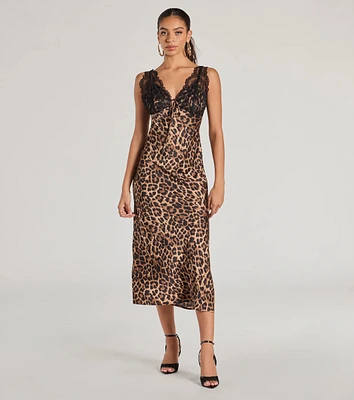 Sleek Leopard Print Lace And Satin Midi Dress