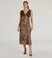 Sleek Leopard Print Lace And Satin Midi Dress