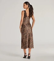 Sleek Leopard Print Lace And Satin Midi Dress