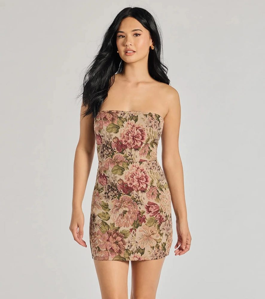 Garden Glam Floral Tapestry Lace-Up Mini Dress