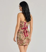 Garden Glam Floral Tapestry Lace-Up Mini Dress