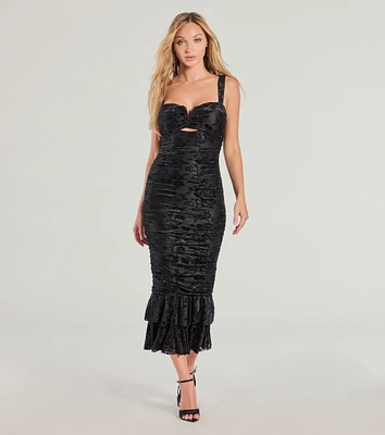 Ravishing Allure Velvet Pattern Ruffle Midi Dress