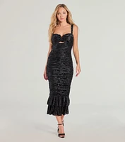 Ravishing Allure Velvet Pattern Ruffle Midi Dress