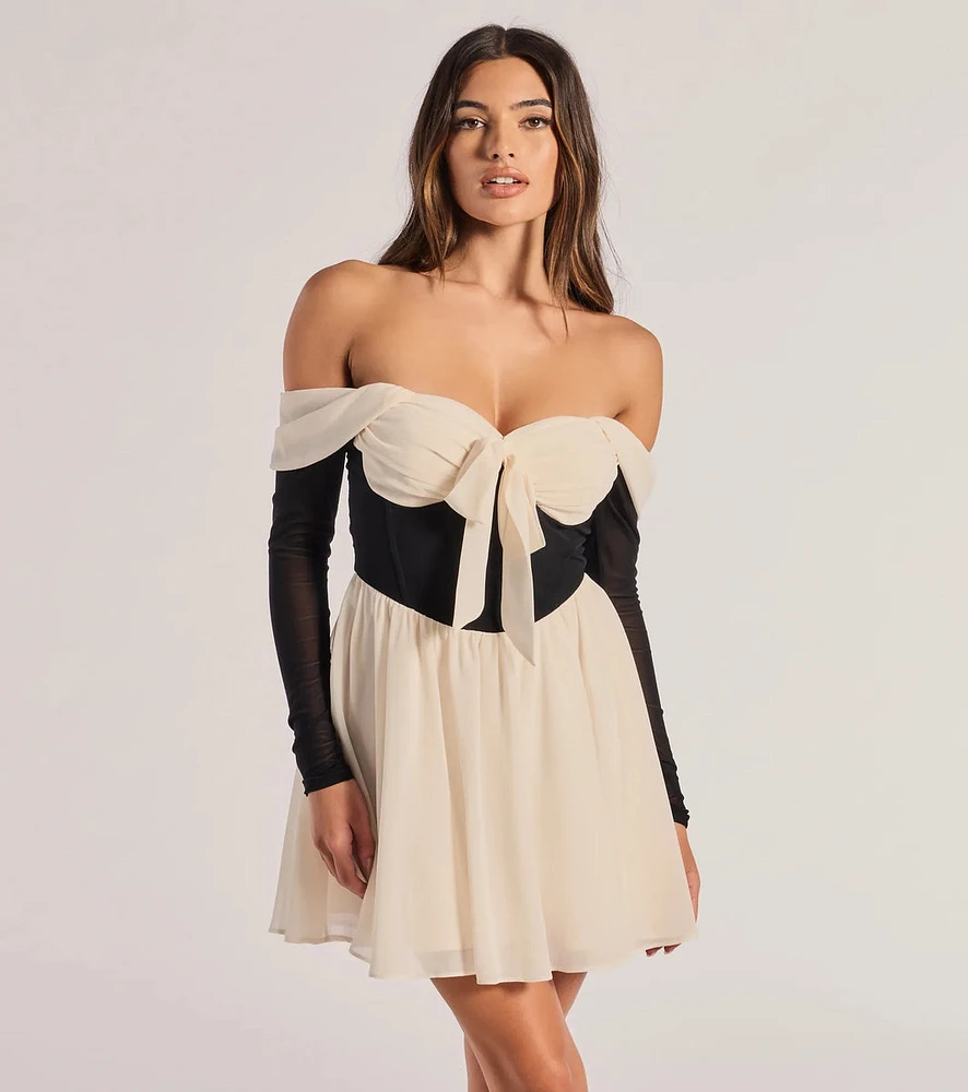 Perfectly Chic Bow Detail Off-The-Shoulder Skater Dress