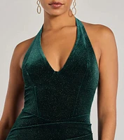 Sparkling Glam Velvet Glitter Halter Midi Dress