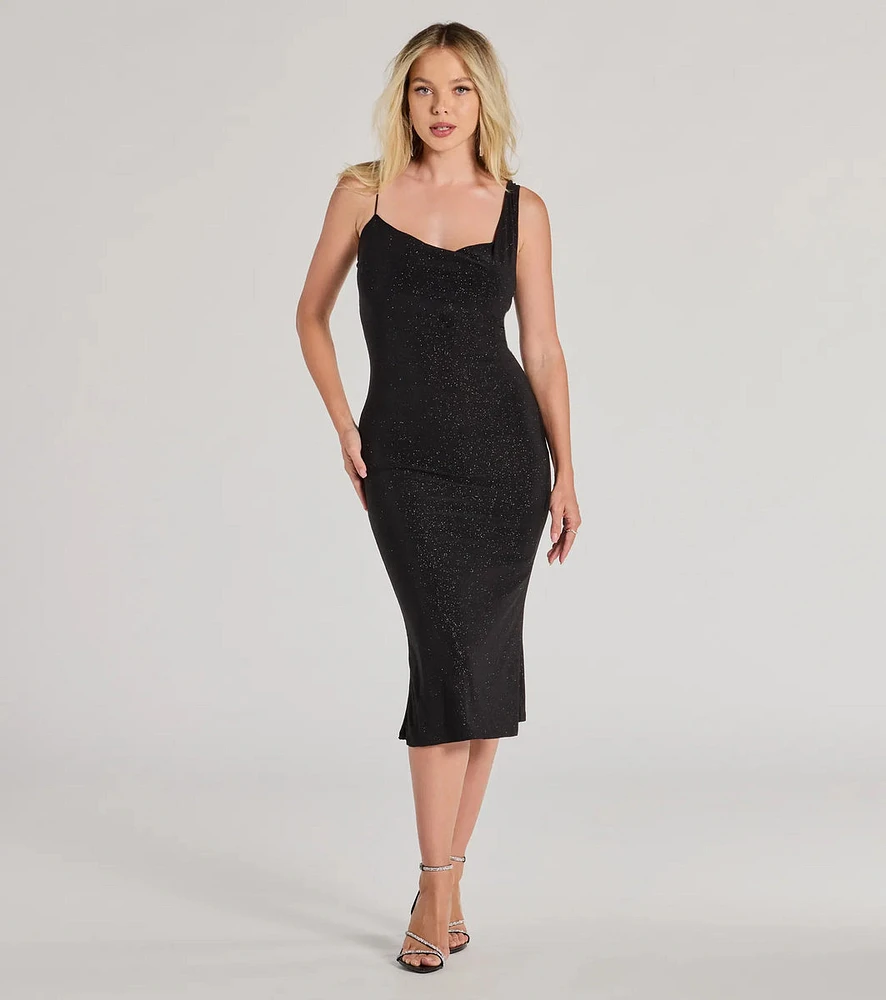 Shimmering Nights Cowl Neck Glitter Midi Dress