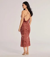 Charming Muse Open Back Flocked Velvet Midi Dress