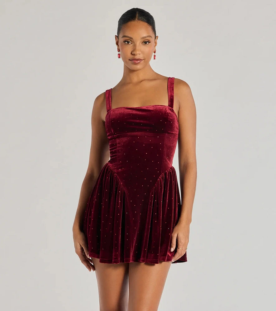 Flawless Glamour Rhinestone Velvet Skater Dress