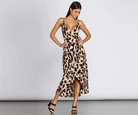 Leopard Print Wrap Front Midi Dress