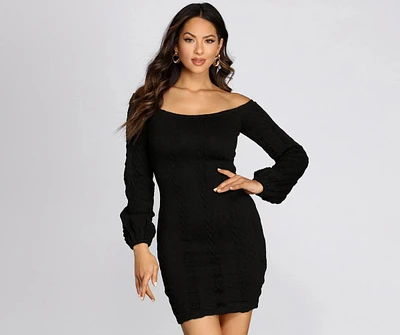 Cable Knit Off Shoulder Sweater Dress